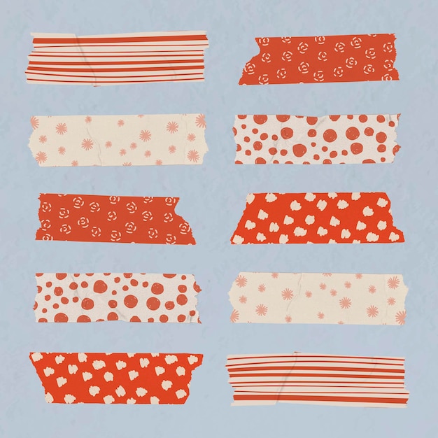 Free Vector doodle pattern washi tape clipart, red diary sticker vector set