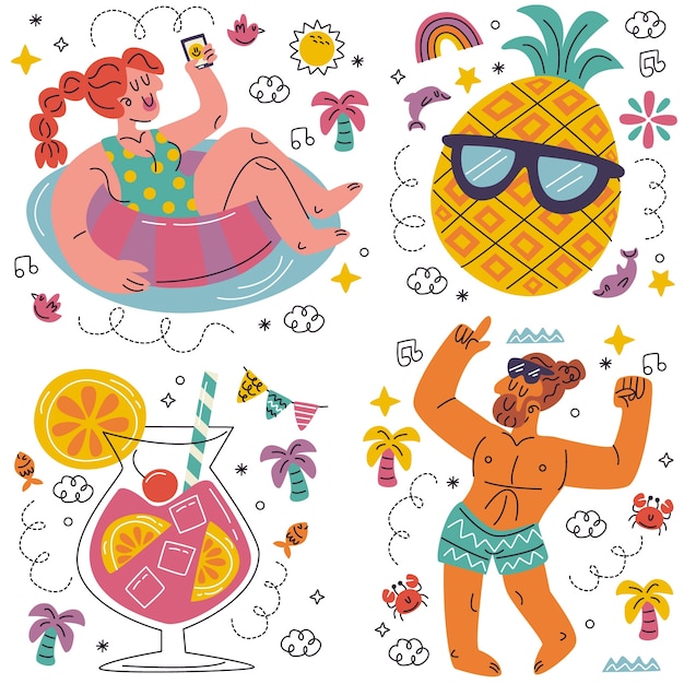 Free Vector doodle pool party stickers collection