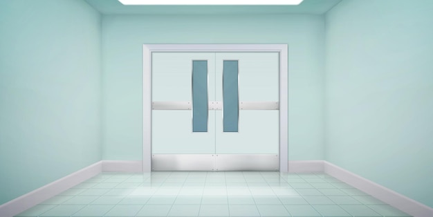 Free vector doors in laboratory kitchen hospital or school corridor empty interior with double metal doorway