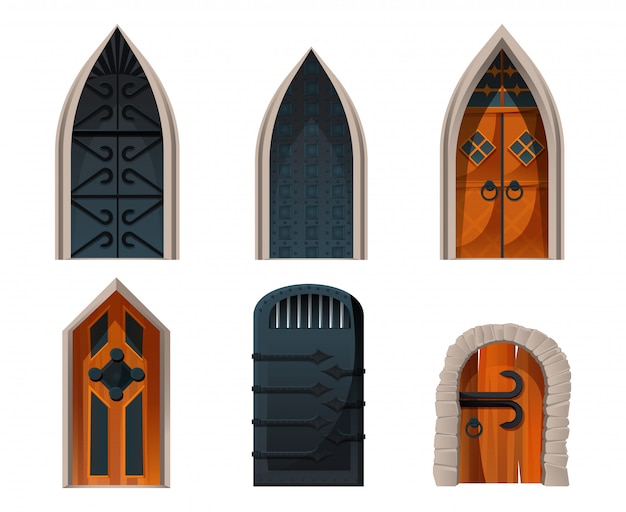 Free Vector doors set, wooden and metal medieval entries.