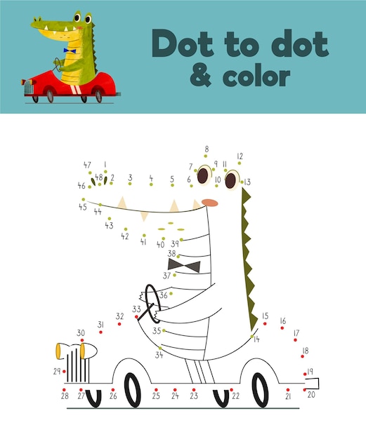 Dot to dot worksheet with crocodile and car