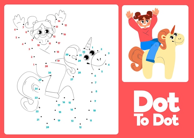 Dot to dot worksheet with girl on unicorn