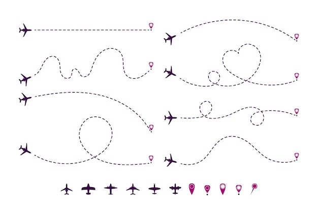 Dotted airplane trajectories cartoon illustration set. Path or way of plane, aircraft of jet in shape of heart, line or circles with destination point or location mark. Travel, distance, route concept