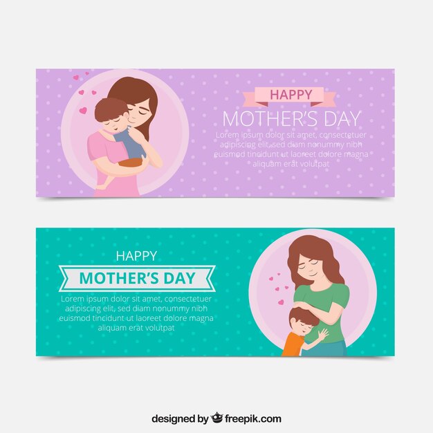 Dotted banners of woman with her son for mother's day