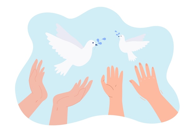 Free Vector doves flying with olive branch from hands into sky. peoples prayer for peace and freedom flat vector illustration. hope, help, spiritual symbol concept for banner, website design or landing web page