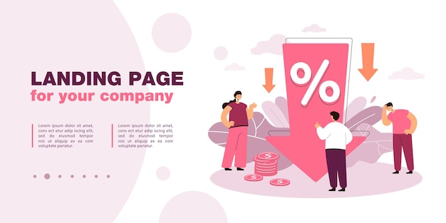 Free vector down arrow with percentage decrease. characters upset about profit reduction flat vector illustration. financial loss, percent drop, discount concept for banner, website design or landing web page