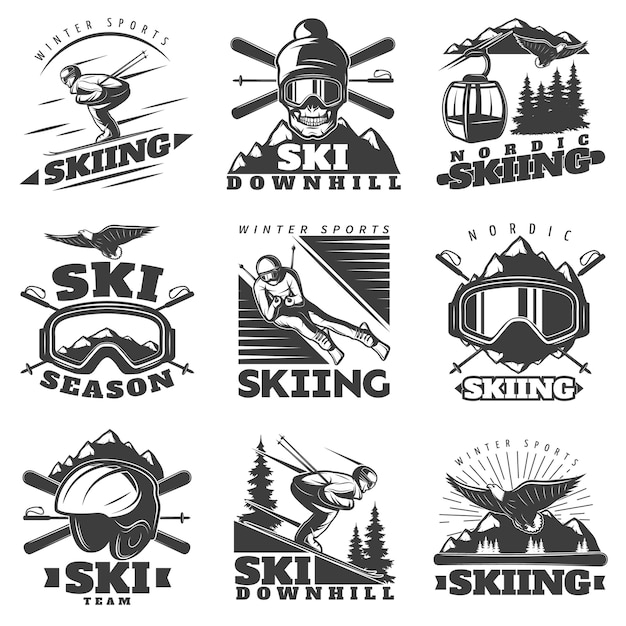 Free vector downhill skiing labels set