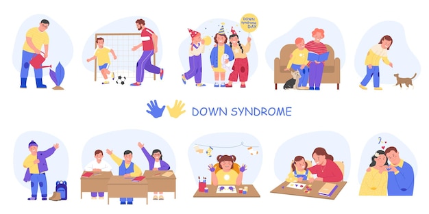 Free Vector downs syndrome flat icon set people watering flowers playing soccer celebrating birthdays reading books playing with animals study