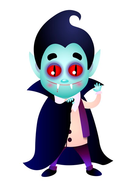 Dracula with bloody fang waving hand and covering body with cape