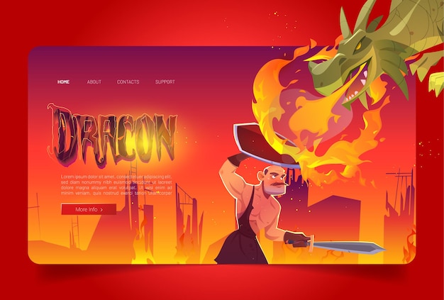 Dragon attack knight cartoon landing page