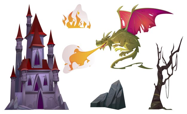 Dragon breath with fire, old castle, tree and rock cartoon set