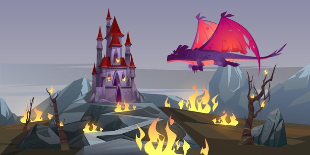 Dragon breathing fire attacks castle