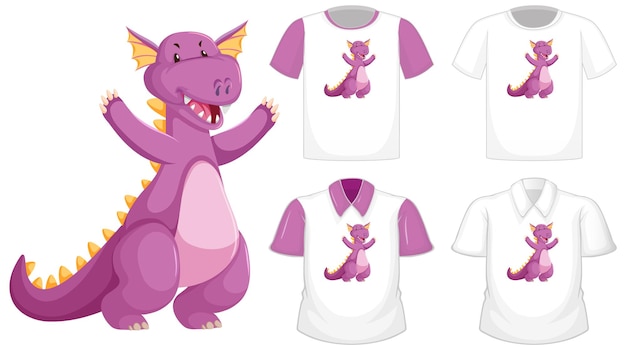 Dragon cartoon character logo on different white shirt with purple short sleeves isolated