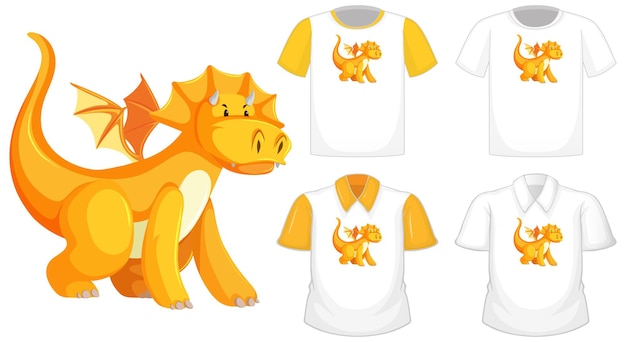 Dragon cartoon character logo on different white shirt with yellow short sleeves isolated on white background