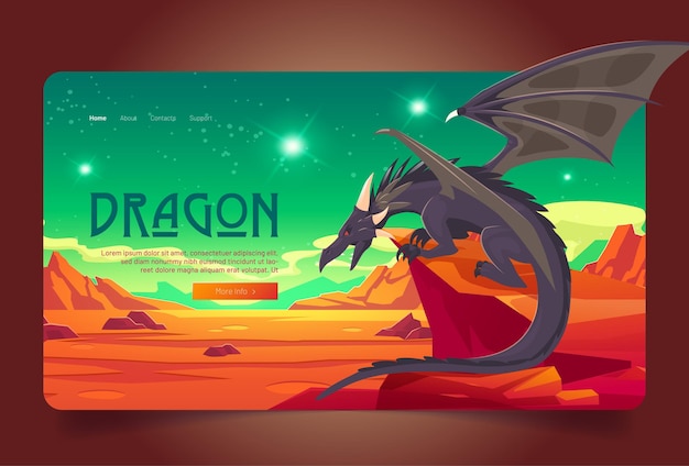 Free Vector dragon cartoon landing page. magic powerful character sitting on rock at deserted alien planet landscape with red mountains and green sky. fantasy creature, fairytale game or book, vector web banner