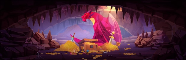 Dragon defense and guard treasure in cave Cartoon landscape of dungeon with fantastic animal near coins and jewelry Fairytale fantasy creature with wings defend pile of gold and diamonds underground