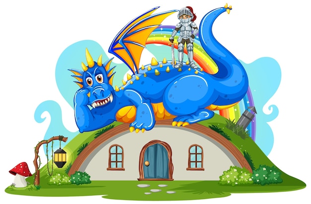 Free Vector dragon and knight at hobbit house on white background