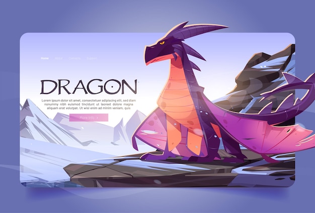 Dragon at winter mountains cartoon landing page. Magic character sitting on rock at snowy landscape background. Cartoon fantasy character, fairytale game, fantasy movie or book Vector web banner