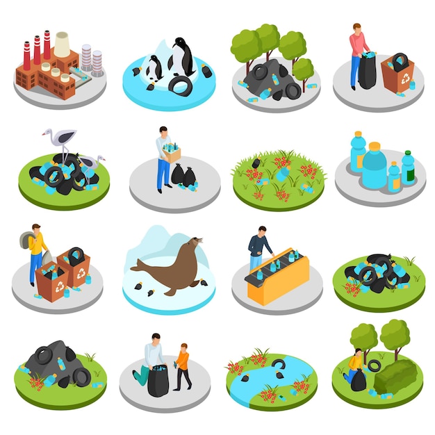 Drastic plastic isometric icon set of sixteen isolated images with rubbish bins plants and human characters