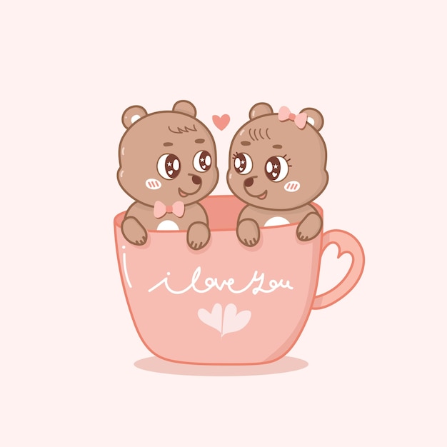 Free Vector draw vector illustration character couple love of cat in cup of tea.isolate on white so sweet.doodle cartoon style.