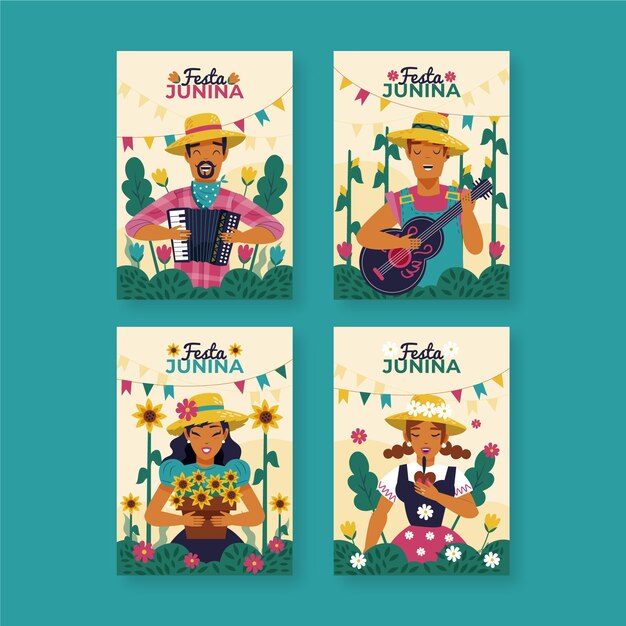 Drawing festa junina card collection concept