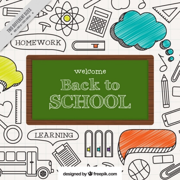 Free vector drawing of school items with blackboard on a notebook