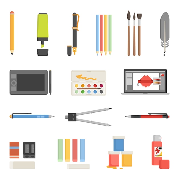 Drawing Tools Icons Flat Set