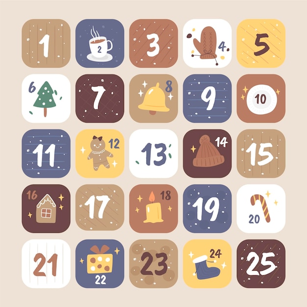 Free vector drawn advent calendar with christmas elements