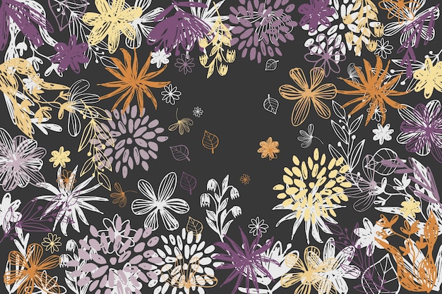 Drawn colorful flowers on blackboard background