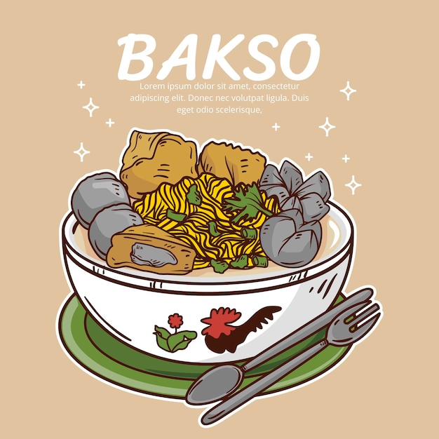 Drawn delicious bakso in a bowl