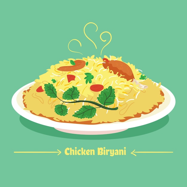 Free vector drawn delicious chicken biryani on plate