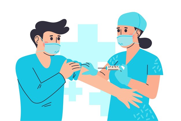 Drawn doctor injecting vaccine to a patient