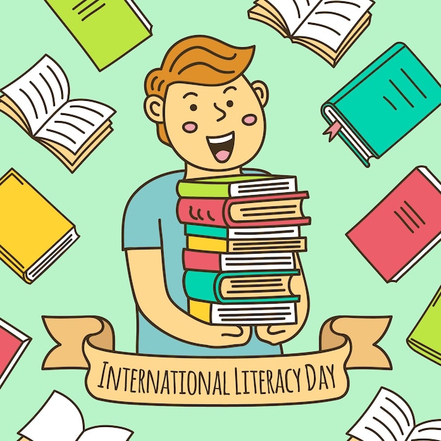 Free Vector drawn literacy day illustration with boy holding a bunch of books