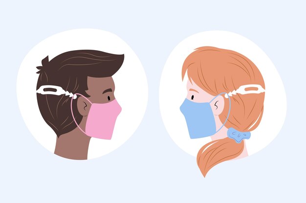 Drawn people wearing an adjustable medical mask strap