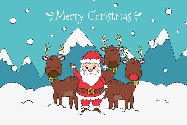 Drawn santa with his reindeer background