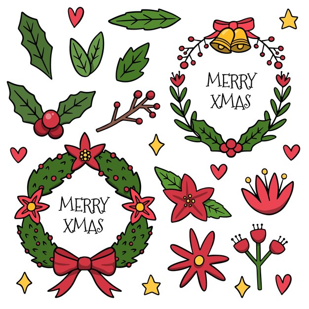 Drawn set of christmas flowers and wreaths