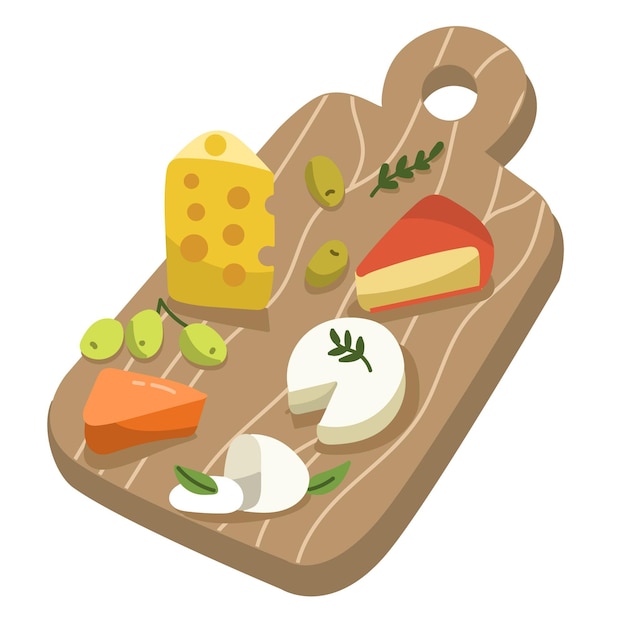 Free vector drawn types of cheese on wooden board illustration