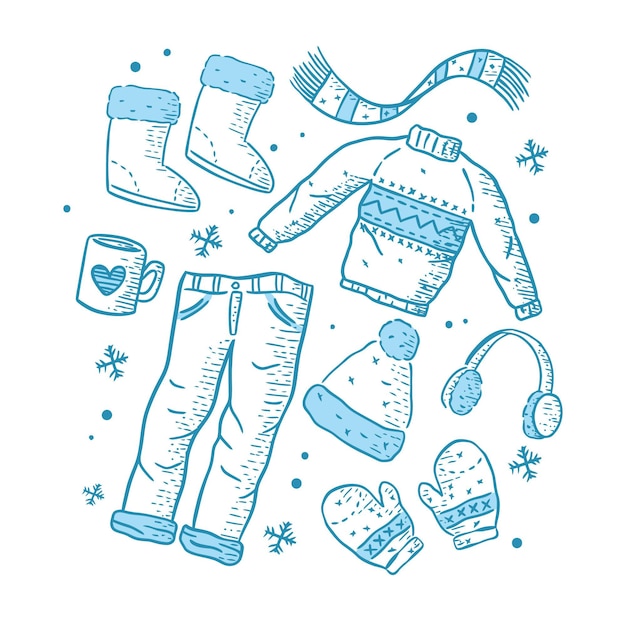 Drawn winter clothes and essentials