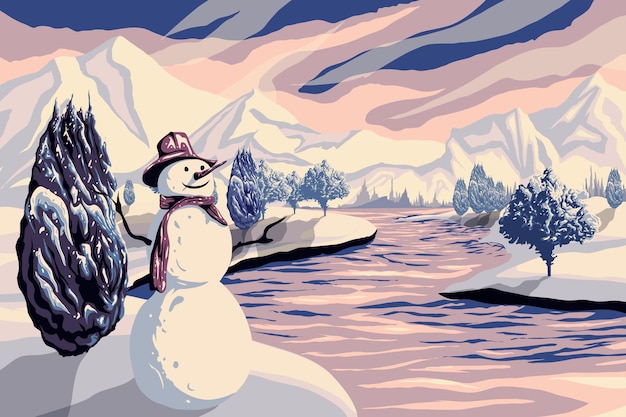 Drawn winter landscape with snowman