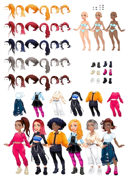 Dresses and hairstyles. Costumize character. Female avatar.