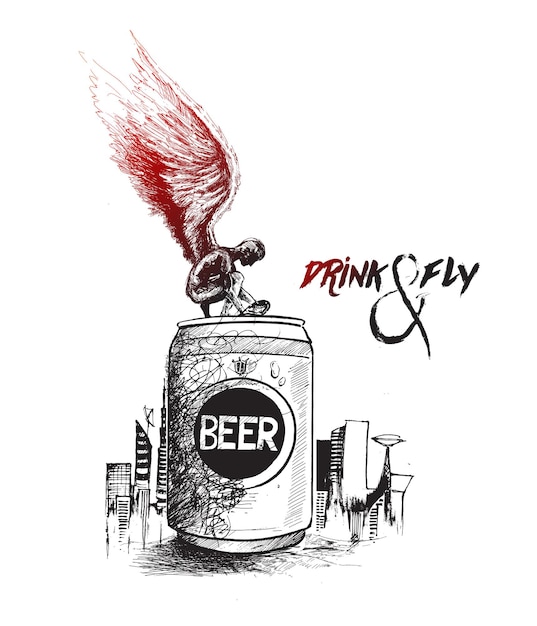 Free vector drink and fly angel open a beer can with urban city background