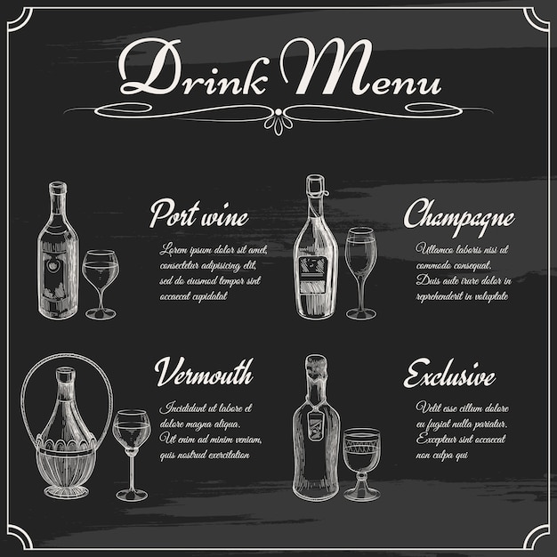 Free Vector drink menu elements on chalkboard. restaurant blackboard for drawing. hand drawn chalkboard menu vector illustration