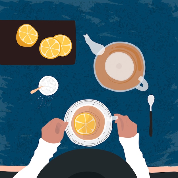 Free Vector drinking tea with a slice of lemon