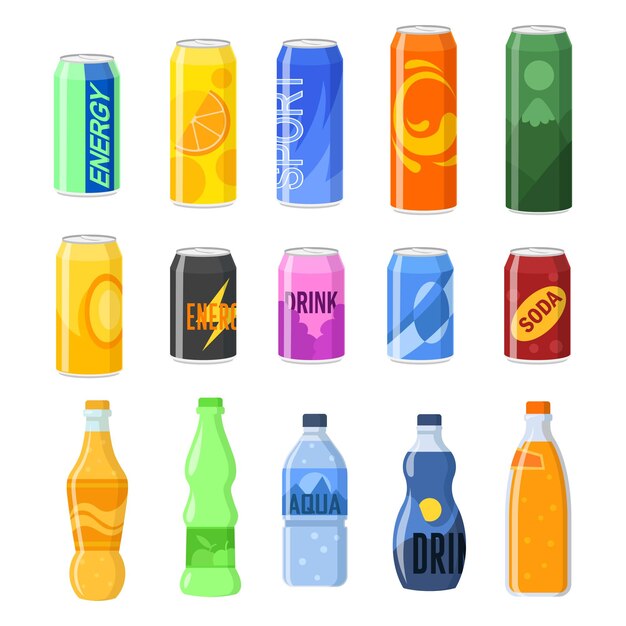 Drinks in cans and plastic bottles illustrations set