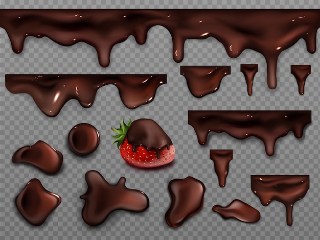 Dripping melted chocolate isolated on transparent background. realistic set of drops, stains, blobs and flow of cocoa cream. Strawberry in dark liquid chocolate