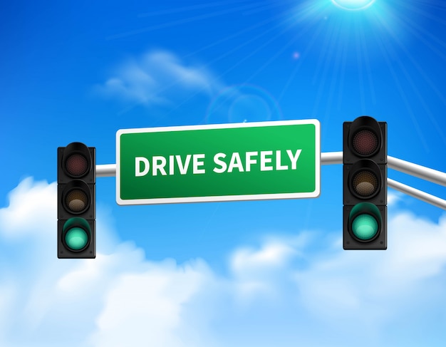 Free Vector drive safely memorial marker road sign for highway safety awareness against blue sky 