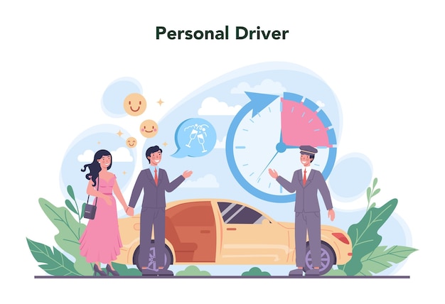 Drive service concept Automobile cab with driver inside Personal driver Idea of public city transportation Isolated flat vector illustration