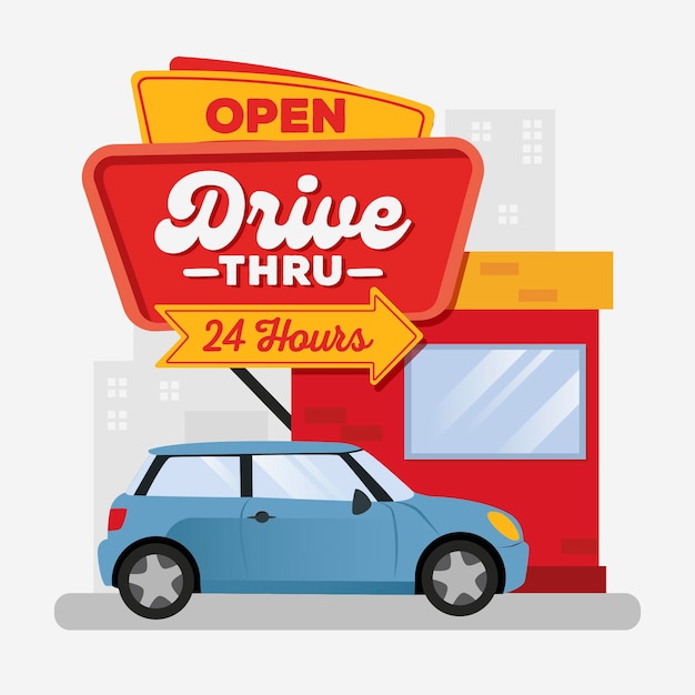 Free Vector drive thru sign illustration with car