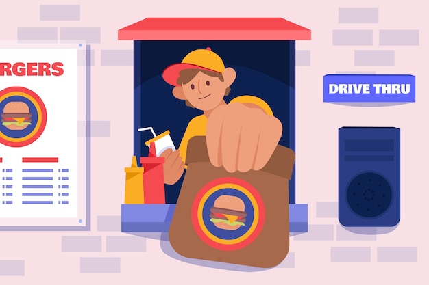 Free Vector drive thru window illustration with fast food worker