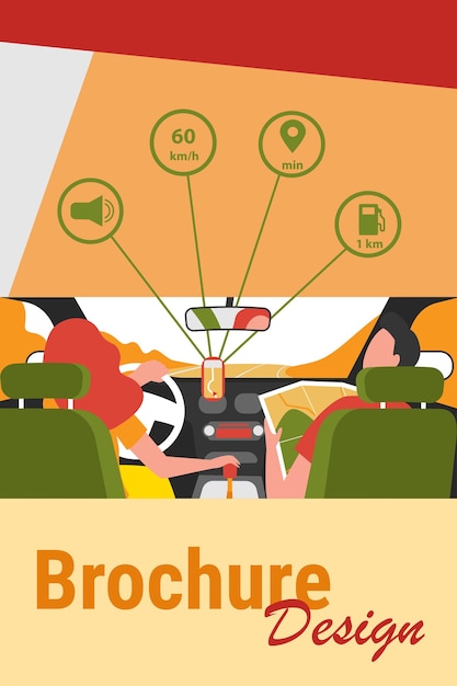 Driver and passenger navigating on road within map and mobile app. Back view of people inside car interior. Vector illustration for navigation, driving, travel, transportation concept